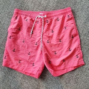 Mens swim trunks, pink with navy blue anchors, size L
